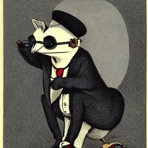 Image similar to a full portrait of a jaunty ferret with a monocle by edward gorey