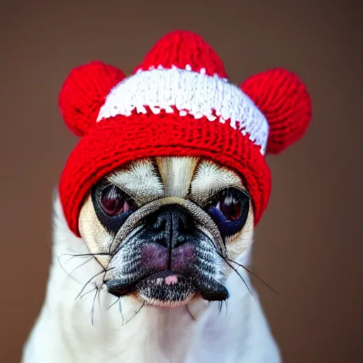 Image similar to a small dog wearing a red and white knitted hat, a stock photo by master of the bambino vispo, shutterstock contest winner, rasquache, stock photo, made of beads and yarn, stockphoto