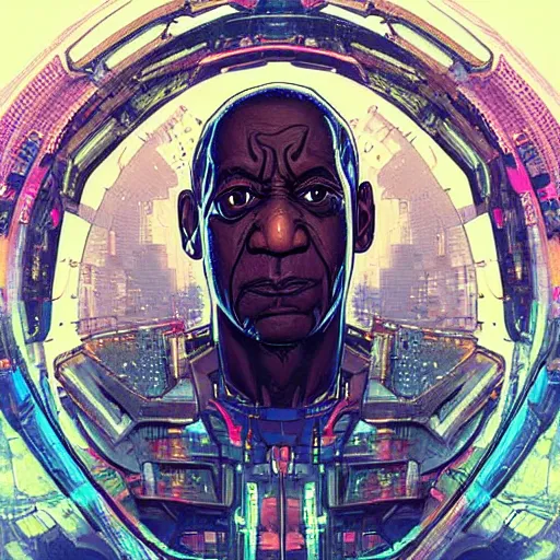 Prompt: bill cosby cyberpunk, mecha, halfturn portrait of a big crystal face made of crystals half - turn, ominous, intricate, studio, art by anthony macbain + greg rutkowski + alphonse mucha, concept art