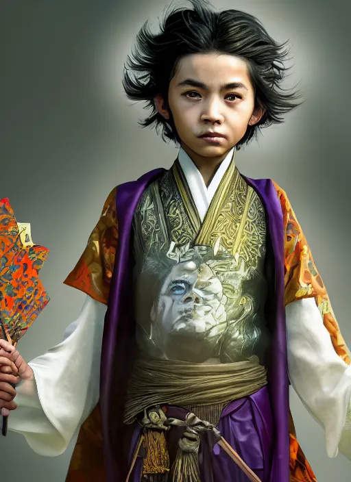 Image similar to An epic fantasy comic book style portrait painting of a young boy with straight indigo hair, purple eyes with red eye markers, slim body, wearing a detailed Japanese kimono with traits of the god Fuujin, holding a pair of fans. Unreal 5, DAZ, hyperrealistic, octane render, cosplay, RPG portrait, dynamic lighting