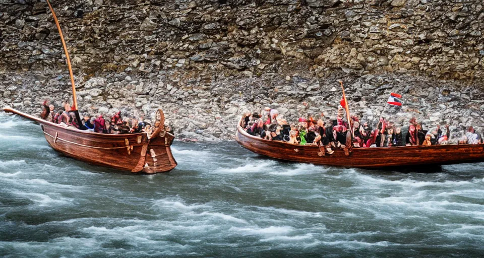 Prompt: a viking ship sailing down a river, f / 2. 8, motion blur