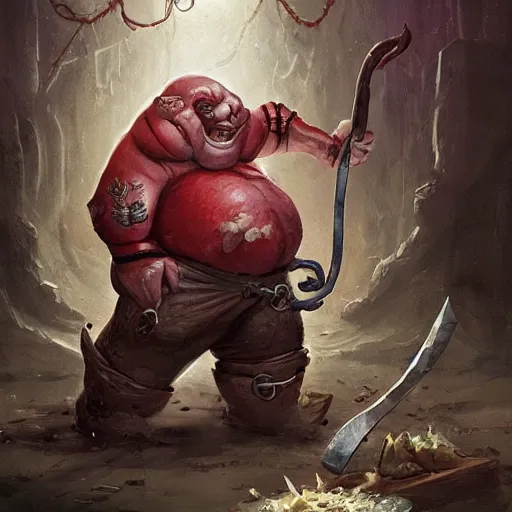 Image similar to a fat fleshy abomination butcher holding a cleaver and a hook hand, multiple arms, chained hook, cleaver knife, meats on the ground, in the style of greg rutkowski, fantasy rpg, league of legends