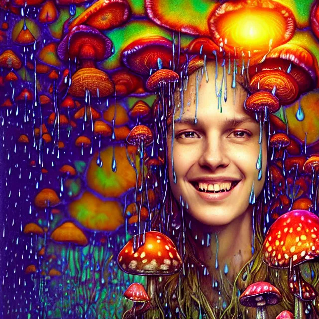 Prompt: bright smiling portrait surrounded by psychedelic mushrooms with rain on face and wet hair, diffuse overhead lighting, fantasy, intricate, elegant, dramatic lighting, highly detailed, lifelike, photorealistic, digital painting, artstation, illustration, concept art, smooth, sharp focus, art by John Collier and Albert Aublet and Krenz Cushart and Artem Demura and Alphonse Mucha