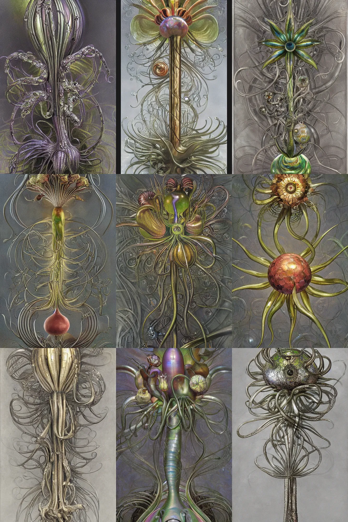 Prompt: a painting of a metallic flower on a gray background, an airbrush painting by Earnst Haeckel and Louis Comfort Tiffany and H R Giger, trending on zbrush central, cloisonnism, high detail, detailed painting, biomorphic, bubbles, exotic, alien hybrids.