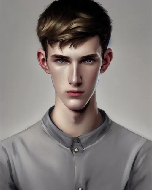 Image similar to portrait of 1 5 - year - old boy, a tall, slender boy with a pale, pointed face, sleek blond hair, and ice grey eyes, cold grey eyes, highly detailed, digital painting, artstation, concept art, smooth, sharp focus, illustration, art by artgerm and greg rutkowski and alphonse mucha