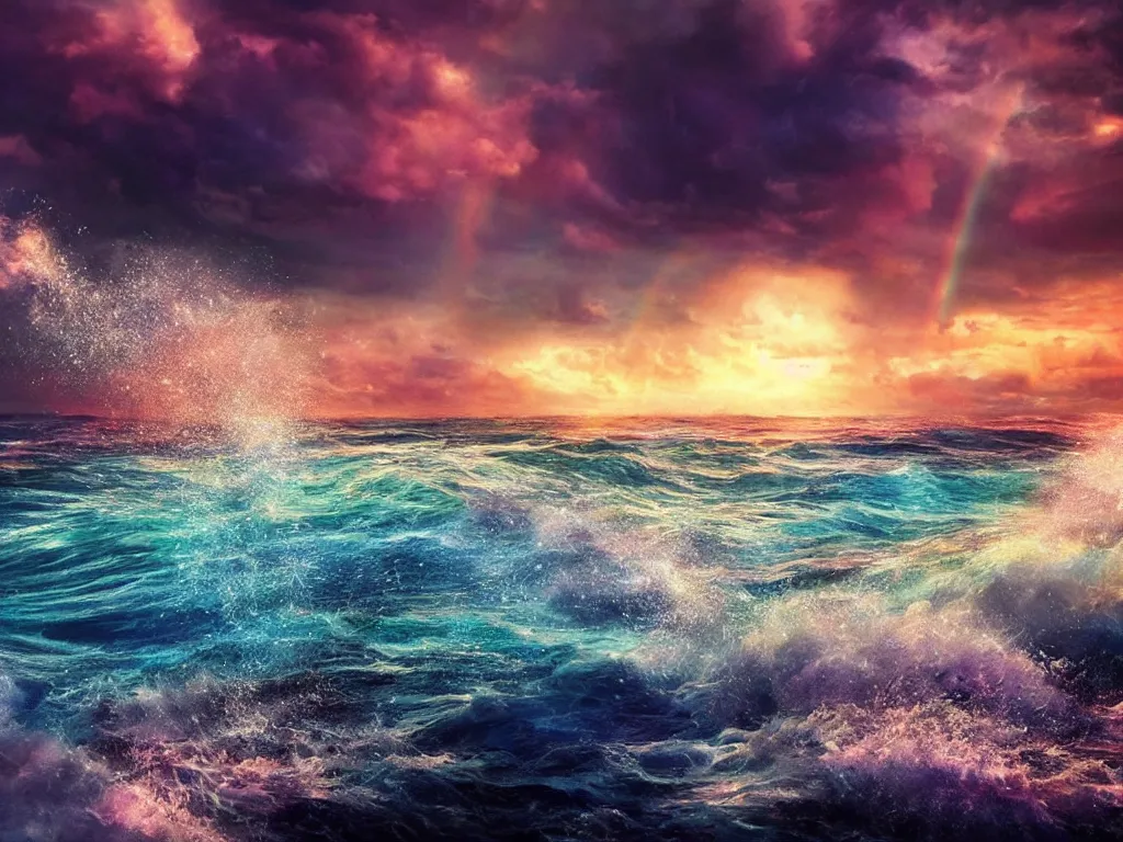 Image similar to Stunning dreamy rainbow colored stormy waves on beach full of blue sand and crystal gems, avatar, sunny rainbow galaxy stormy sea, cinematic, sunset, hyper-realistic, high resolution, concept art, artstation