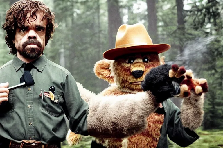 Image similar to peter dinklage holding a flare fighting smokey the bear, movie still, from the new sleepaway camp movie, 8 k, realistic