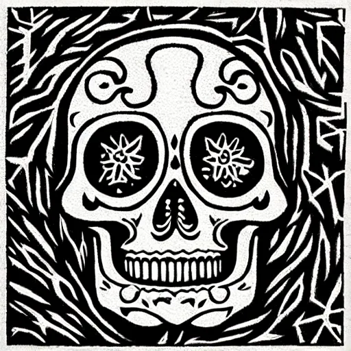 Prompt: “ sugar skull woodcut by mc escher and hp lovecraft ”