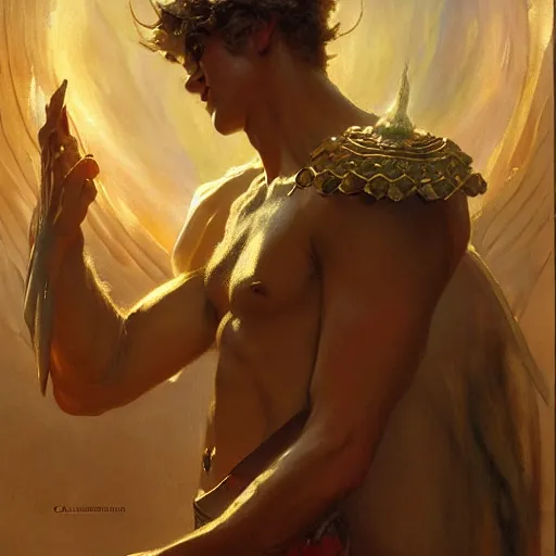 Image similar to attractive male lucifer morning star casting a spell summoning male demons, they rise from down bellow. highly detailed painting by gaston bussiere, craig mullins, j. c. leyendecker, 8 k