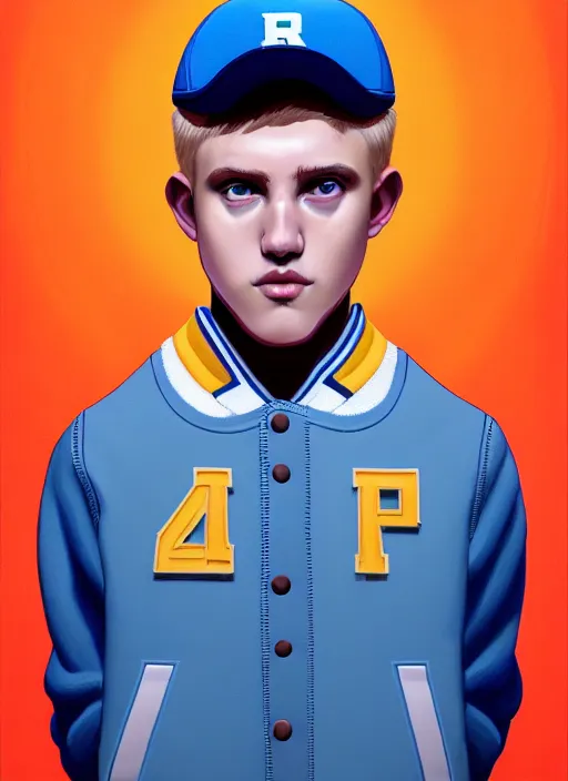 Image similar to portrait of high school senior boy named big moose, blonde short hair, jock, beefy, wide face, square jaw, square facial structure, blue varsity jacket with letter r, intricate, elegant, glowing lights, highly detailed, digital painting, artstation, concept art, sharp focus, illustration, art by wlop, mars ravelo and greg rutkowski