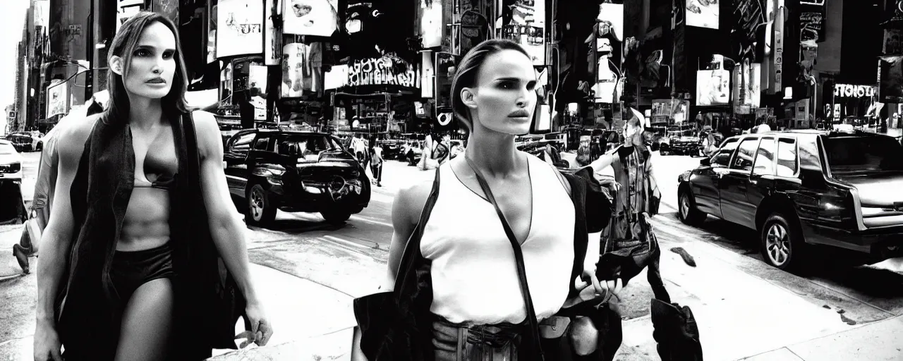 Prompt: “ the incredible hulk with the face of natalie portman, film still, studio lighting, on a busy street of new york city ”
