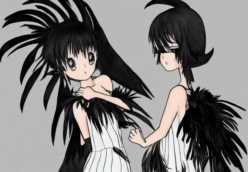 Prompt: little girl with a short white haircut wearing a dress made of black feathers, artwork in the anime style, dark, anatomically perfect