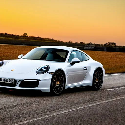 Image similar to “white 2018 porsche 911 racing down a highway, golden hour photograph, car photography, 4k professional photo”