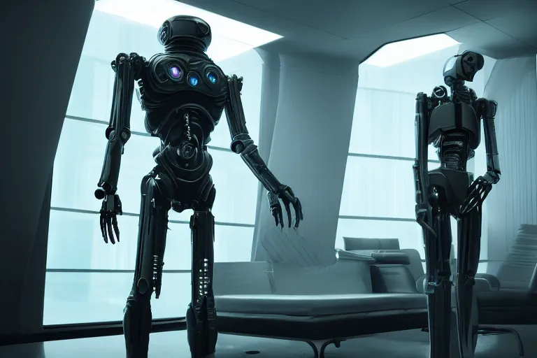 Image similar to cyberpunk alien concept inspired droid, futuristic look, highly detailed body, very powerful, photorealistic camera shot, bright studio setting, studio lighting, crisp quality and light reflections, unreal engine 5 quality render