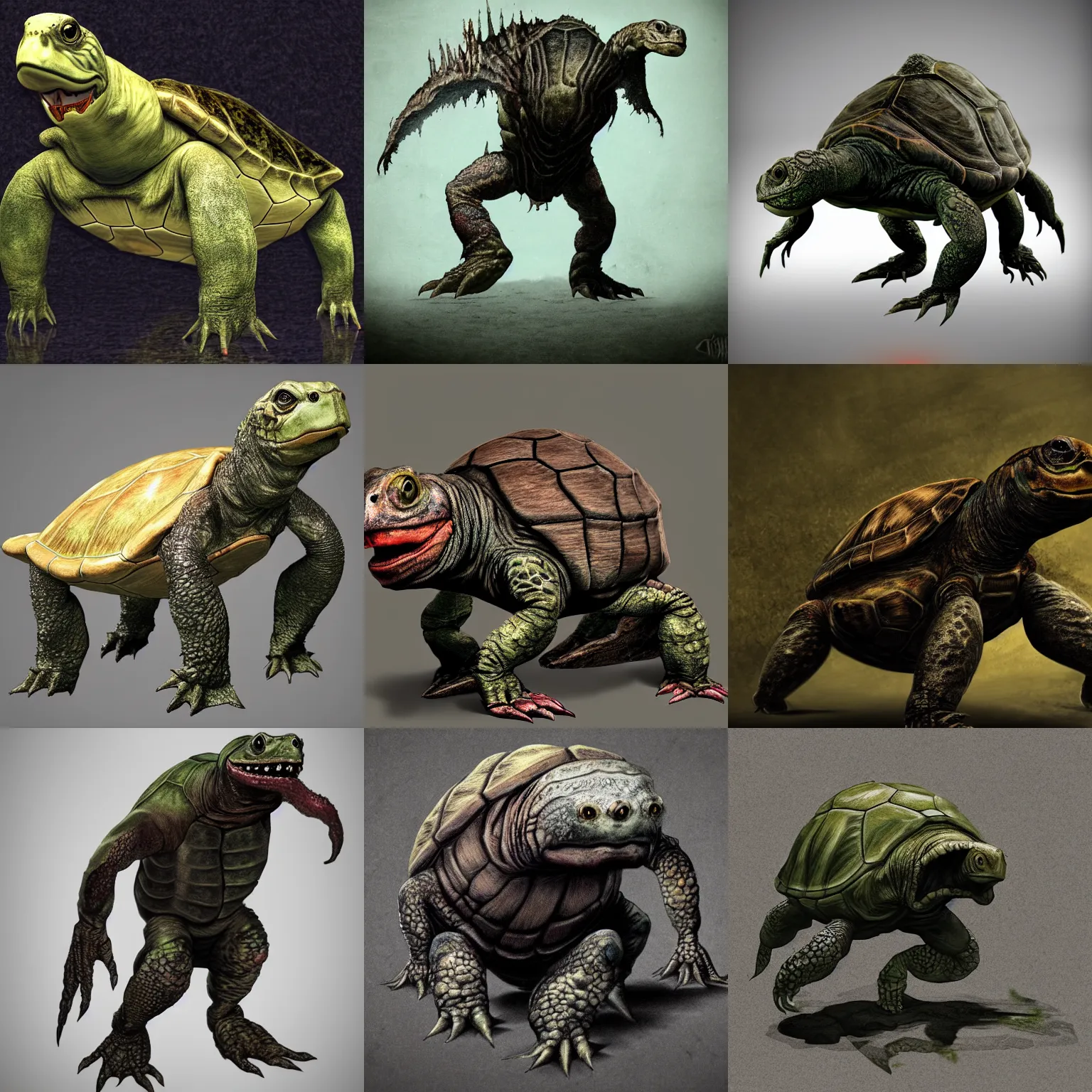 Prompt: bipedal turtle monster, photorealistic, grimdark, gruesome
