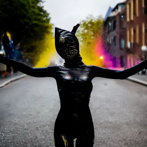 Prompt: beautiful female model dancing on the street with body painted in black colors, acid rain, wet vallerina, wearing latex balaclava, golden body paint, photography by amy leibowitz, street, bokeh, long exposure, color papers flying in the sky