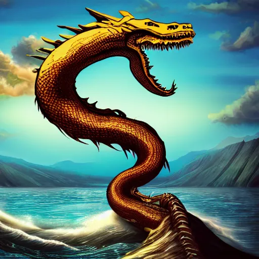 Image similar to a dramatic digital art of a teenage boy with long hair standing on the edge of a cliff over looking water, coming out of the water is a giant serpent water monster looking at the boy with it's mouth open
