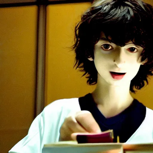 Image similar to a screenshot of finn wolfhard in death note ( the anime ) ( 2 0 0 6 ), anime, vhs quality