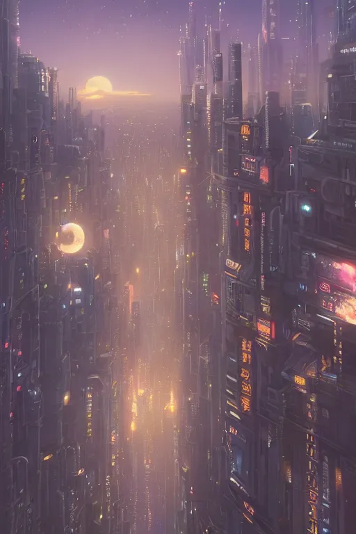 Prompt: a highly detailed matte painting of a city under moon and stars by studio ghibli, makoto shinkai, by artgerm, by wlop, by greg rutkowski, volumetric lighting, cyberpunk, octane render, 4 k resolution, trending on artstation, masterpiece