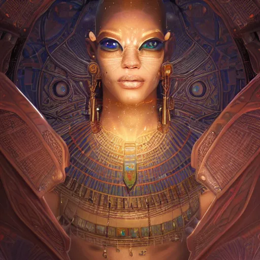 Image similar to highly detailed portrait of sekhmet the egyptian goddess, intricate alien technology, stephen bliss, unreal engine, fantasy art by greg rutkowski, loish, rhads, ferdinand knab, makoto shinkai and lois van baarle, ilya kuvshinov, rossdraws, tom bagshaw, global illumination, radiant light, detailed and intricate environment