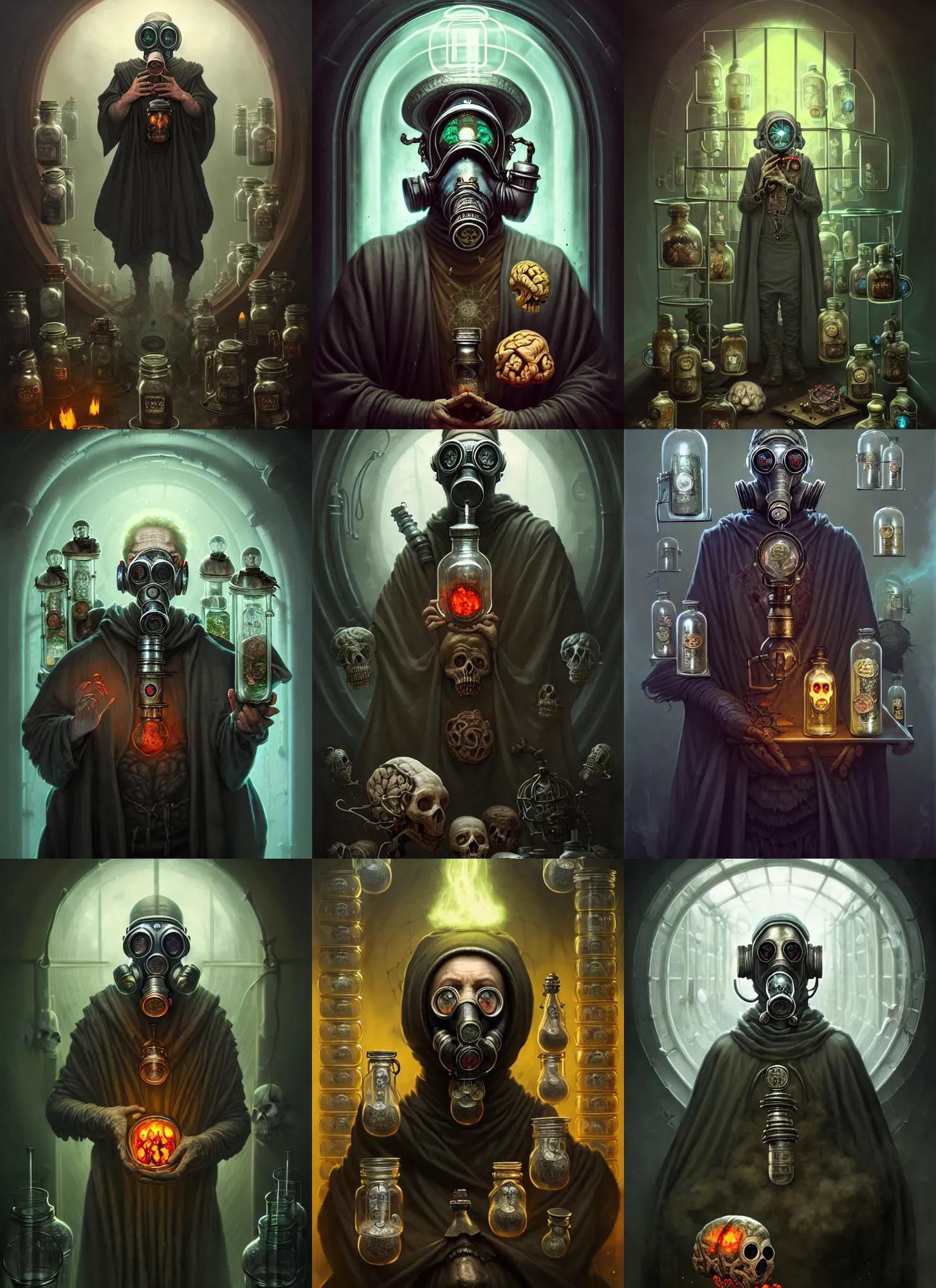 Prompt: portrait of the old necromancer, wearing a wizard cloak, gas mask, half background is surrounded by brains inside jars, illustrated by tom bagshaw and peter mohrbacher, hyper detailed, intricate, complex, 8 k, trending on cg society, crisp,