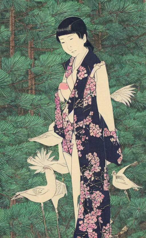 Prompt: by akio watanabe, manga art, girl next to a japanese crane bird in japanese pines, trading card front, kimono, realistic anatomy, sun in the background