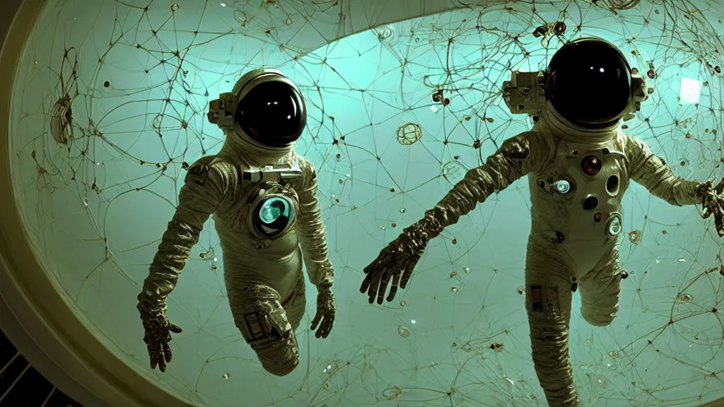 Image similar to a cybernetic symbiosis of a single astronaut eva suit swimming in infected with diamond 3d fractal lace iridescent bubble 3d skin covered with insectoid compound eye camera lenses floats through the living room, film still from the movie directed by Denis Villeneuve with art direction by Salvador Dalí, wide lens,