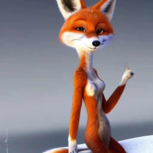 Image similar to anthropomorphic female fox with short white fur covering her body in the style of zootopia