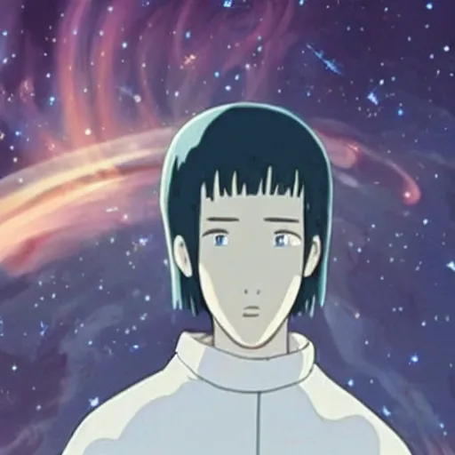 Image similar to Spirited away dark blonde hair guy with blue eyes in space, beautiful