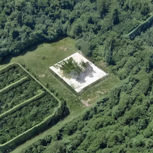 Image similar to fortified compound. aerial photography. secret police facility. lush green forest