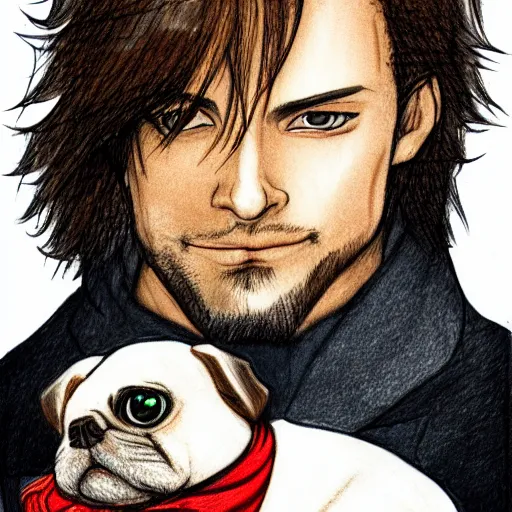 Image similar to self portrait, young white hispanic handsome man with short light brown hair and light skin and a 5 o clock shadow, holding a pug for a picture, pencil art, added detail, high definiton, colored, backfacing, illustrated by yoji shinkawa