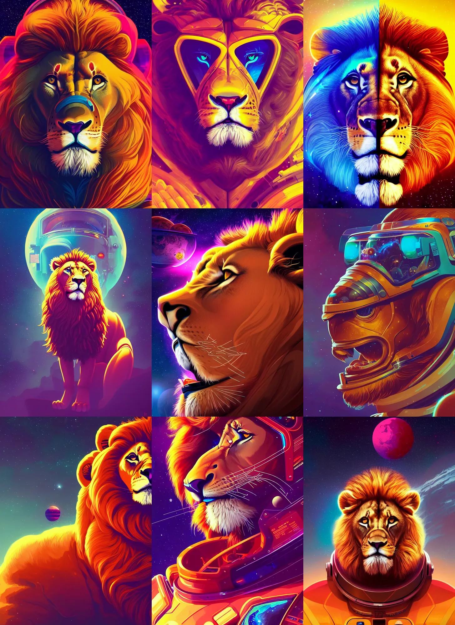 Prompt: retrofuturistic portrait of a lion in astro suit, space graphics art in background, close up, wlop, dan mumford, artgerm, liam brazier, peter mohrbacher, 8 k, raw, featured in artstation, octane render, cinematic, elegant, intricate, 8 k