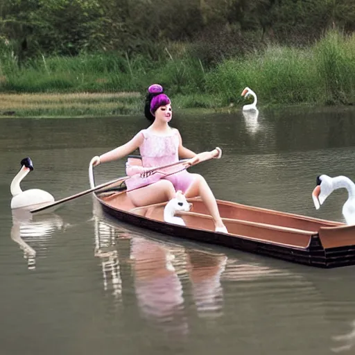 Image similar to realistic photo of Melanie Martinez rowing a boat across a big pond with lillpads and swans