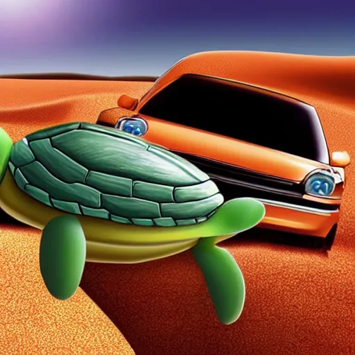 Image similar to turtle driving a car in the desert, highly detailed, realistic