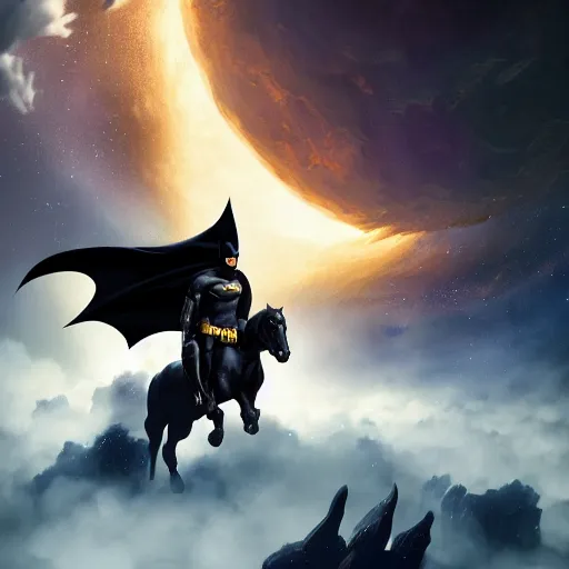 Image similar to centered portrait of Batman riding a horse in space, realistic character concept, high fantasy, light atmosphere, golden ratio, cinematic lighting, hyperdetailed, high resolution, insanely detailed and intricate, artstation, Marc Simonetti, Greg Rutkowski, octane render, 8k