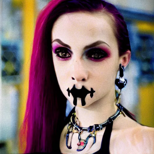 Image similar to close-up, color slide, Kodak Ektachrome E100, studio photographic portrait of a young pale, Goth, Attractive girl, wears ankh pendant and earrings, Comic book character, member of the Endless, Nikon camera, 75mm lens, f/2.8 aperture, HD, casual, realistic, punk, Bokeh, saturated color, masterpiece image, shutterstock, Curated Collections, Sony World Photography Awards, Pinterest, by Annie Leibovitz