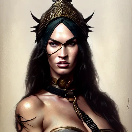 Image similar to portrait of megan fox, muscular upper body, slave collar, blindfolded, dress, fantasy, intricate, elegant, highly detailed, digital painting, artstation, concept art, matte, sharp focus, illustration, art by aenaluck and roberto ferri and greg rutkowski, epic fantasy, digital painting