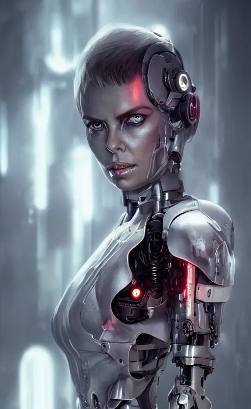 Prompt: a cyborg demon girl, charlize theron, flawless symmetrical pretty cute face, greg rutkowski, 8 k, shallow depth of field, intricate detail, concept art,