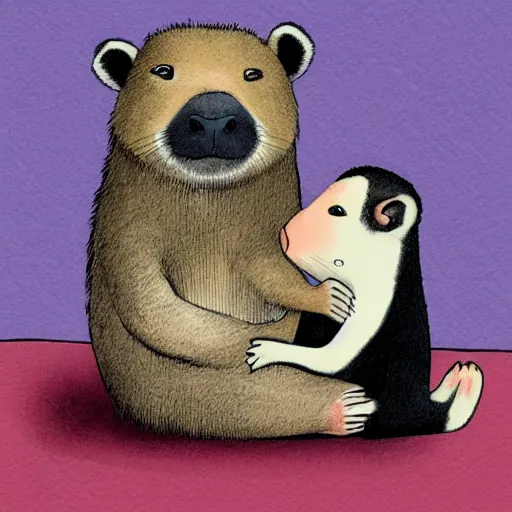 Prompt: badger lovingly hugging a capybara, children's book illustration