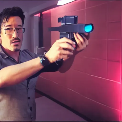 Image similar to Markiplier with a shotgun, photorealistic, cinematic lighting, shot on iphone