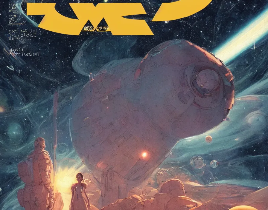 Image similar to illustrated by moebius and greg rutkowski, romantic!!! space scene!! with standing young girl!!!!, orbit of earth!, futuristic orbital station!!!!, nebulae!!, starry sky!!, rule of third!!!!, vintage cover of sci - fi magazine, cinematic!!