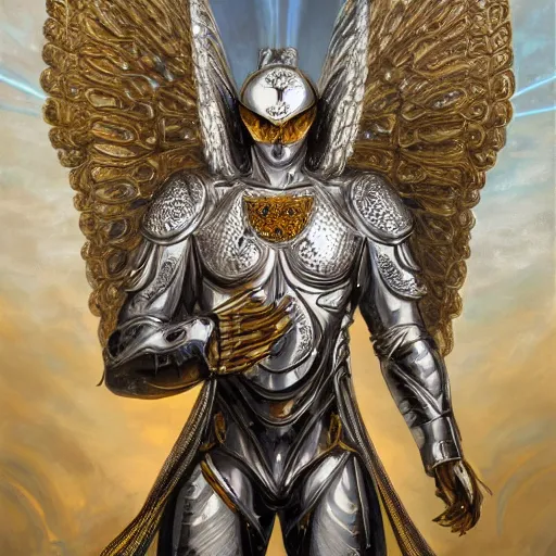 Image similar to a beautiful muscular symmetrical male angel wearing a silver armor with golden ornaments and diamonds jewelry by alex gray and android jones, karol bak, ayami kojima, amano, concept art, character design, fantasy, 3 d, 8 k resolution