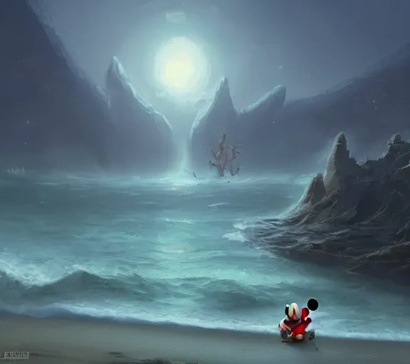 Image similar to Mickey Mouse sitting on a terrifying beach with giant scary sea creatures, monsters, dark, dim, nightmarish, digital painting, in the style of raphael lacoste, super detailed, artstation