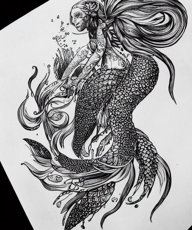 Image similar to tattoo design illustration, black ink on white paper, beautiful mermaid, full body