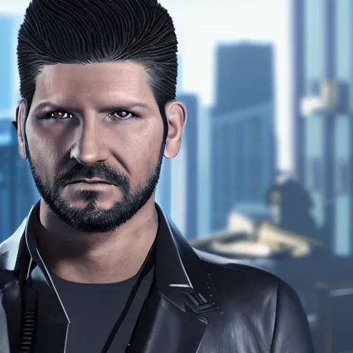 Image similar to adam jensen working for glovo, hyperrealistic