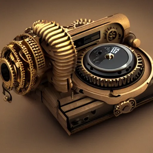 Image similar to octane render of a mechanical wind-up steampunk cd player with gears