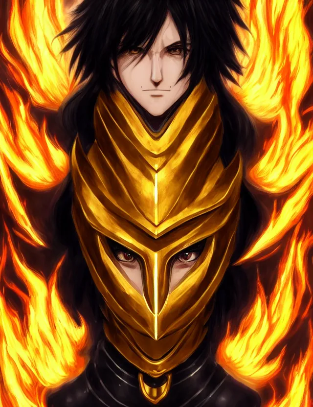 Image similar to a detailed manga portrait of a black haired man with hazel eyes in gleaming golden armour that burns with golden fire, trending on artstation, digital art, 4 k resolution, detailed, high quality, sharp focus, hq artwork, coherent, insane detail, character portrait