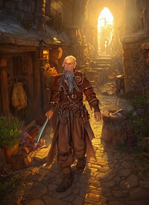 Image similar to traveling merchant, ultra detailed fantasy, neverwinter, realistic, dnd character portrait, full body, pathfinder, mtg art, pinterest, art by ralph horsley, dnd, rpg, lotr game design fanart by concept art, behance hd, artstation, deviantart, global illumination radiating a glowing aura global illumination ray tracing hdr render in unreal engine 5