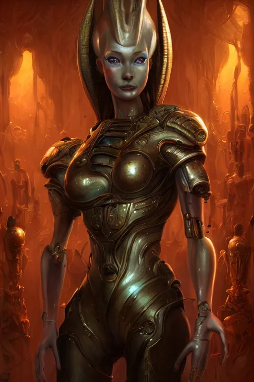 Prompt: portrait of a beautiful female hybrid cyborg atlantean anubis hada elsa jean alien warrior, regal, realistic, refined, detailed, digital art, jessica rossier, michael cheval, esao andrews, steampunk, walt disney ( 1 9 3 7 ), francois boucher, oil painting, highly detailed, cinematic lighting, unreal engine, 8 k, hd