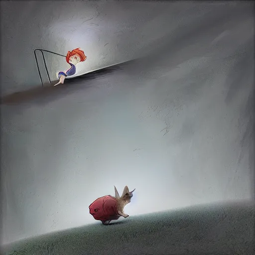 Prompt: Alice falling down the rabbit hole in the style of Alex Andreev